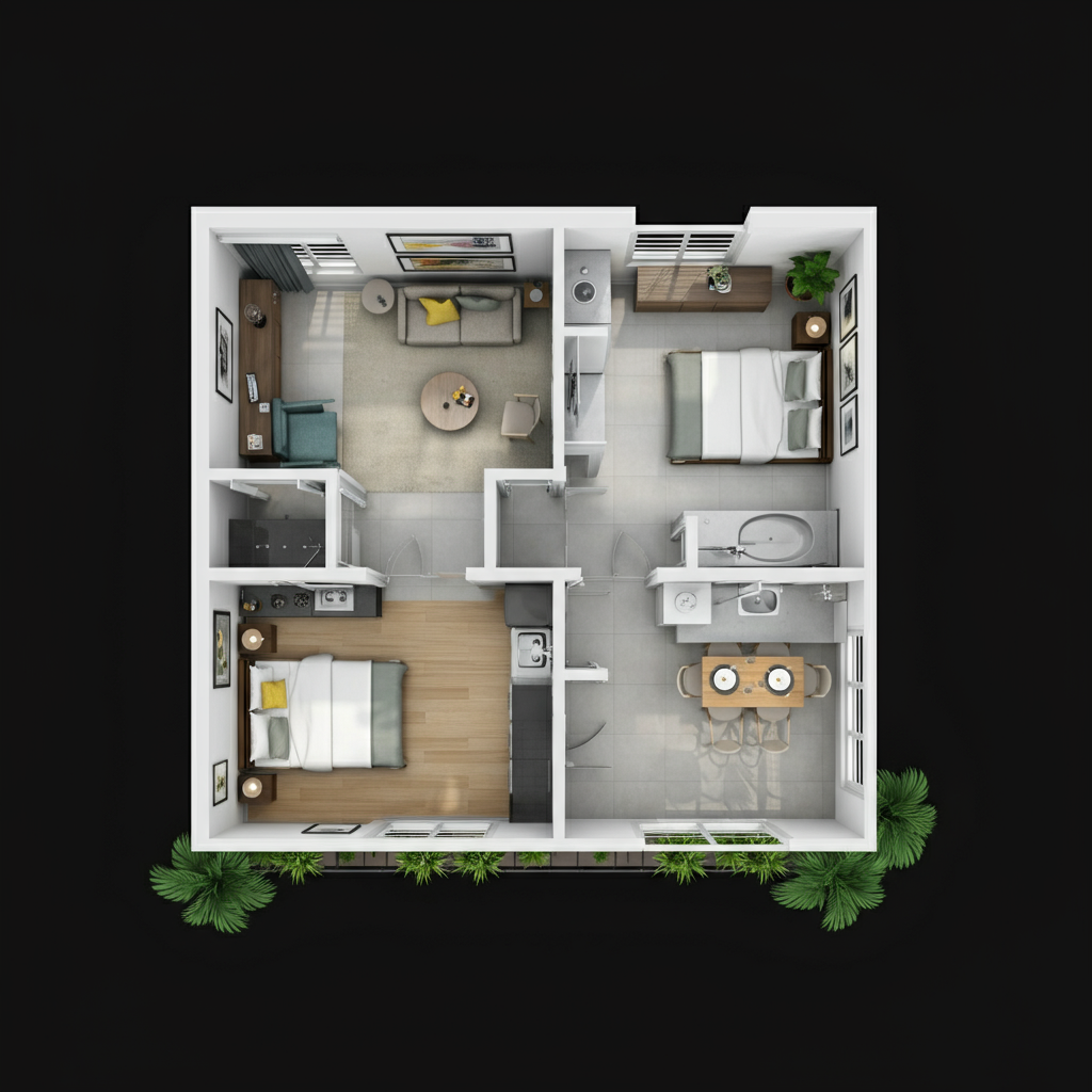 2BHK Layout Vibe: Illustrative top-down view of a cozy 2-bedroom layout with balcony plants