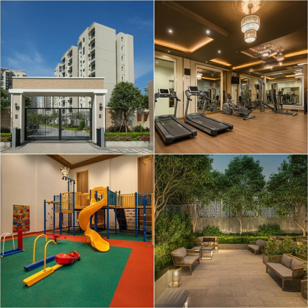 Amenities Montage: Gated entrance, gym, kids’ play area, and garden seating at CityLights