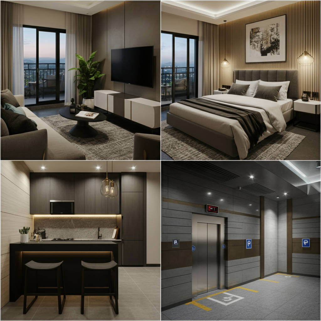 Luxury Stay Suite: Modern living room, bedroom, kitchen, and lobby of a 2-bedroom luxury serviced apartment in Islamabad with warm lighting and upscale finishes.