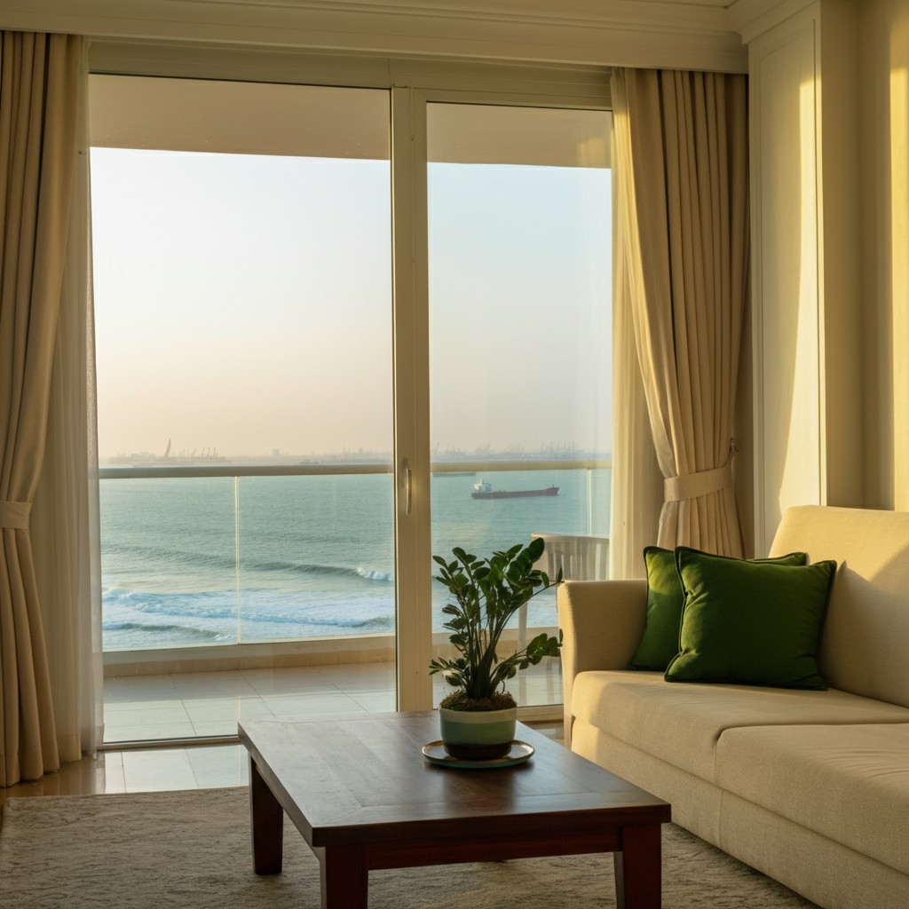 Kitchen and dining area with marble counters and partial sea view in Emaar Karachi apartment.