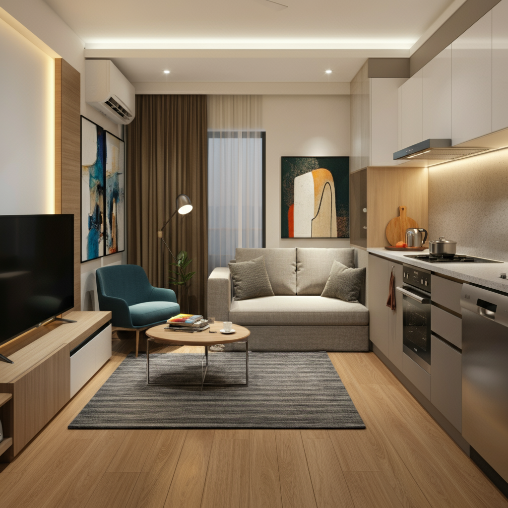 Luxurious 1-bedroom apartment in Centaurus Mall, Islamabad, featuring a cozy living area, fully equipped kitchen, and access to gym and pool.