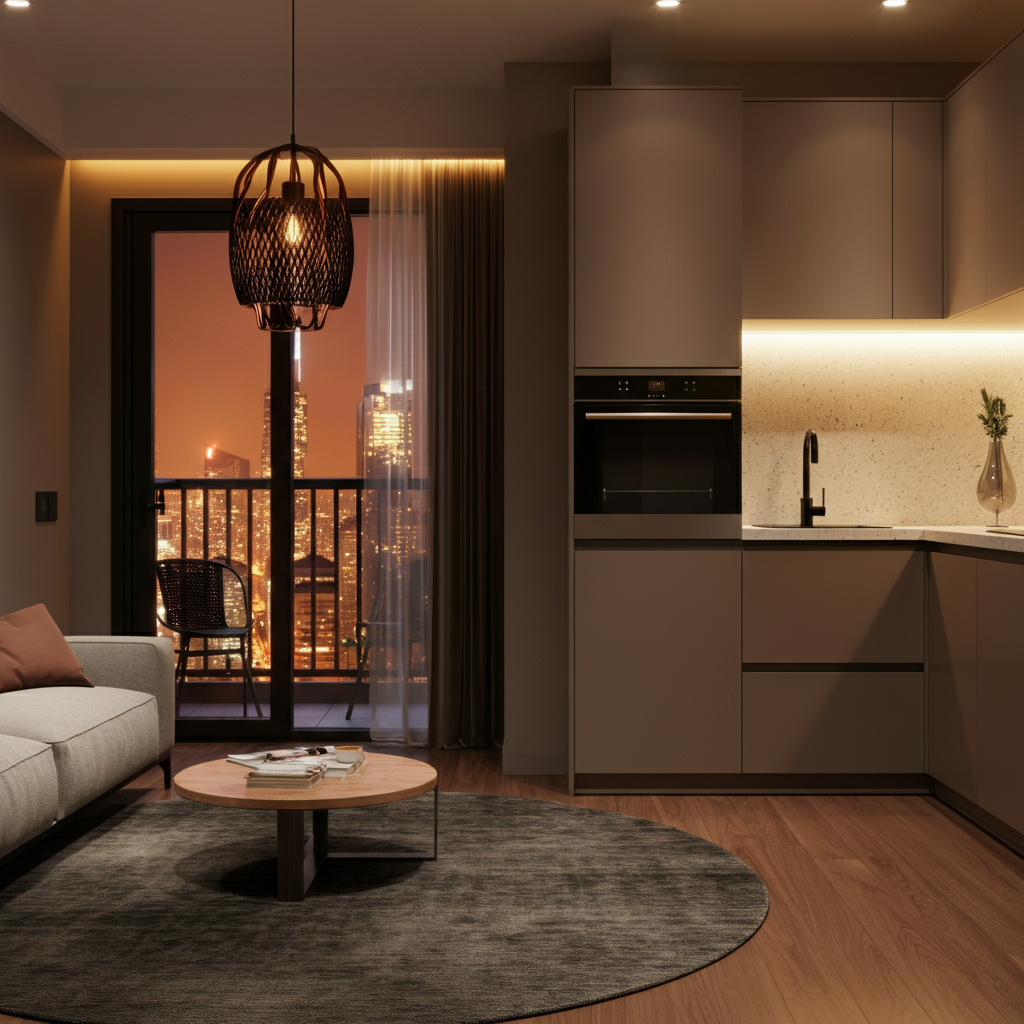 Elegant 1-bedroom studio apartment near Centaurus Mall, Islamabad, featuring a stylish living area, compact kitchen, and balcony with city views.