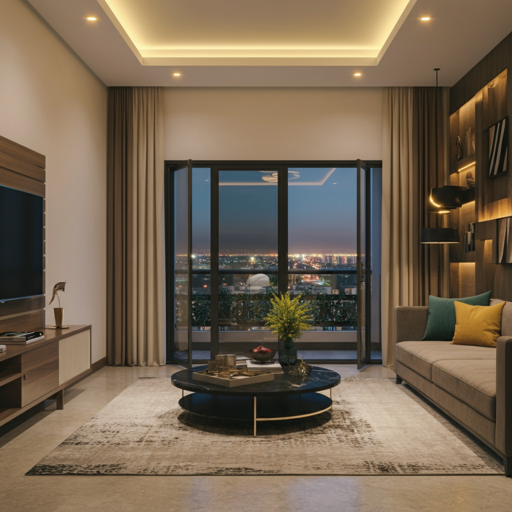 Luxurious 2-bedroom apartment in Islamabad featuring a spacious living area, modern interiors, private balcony, and access to gym and pool.