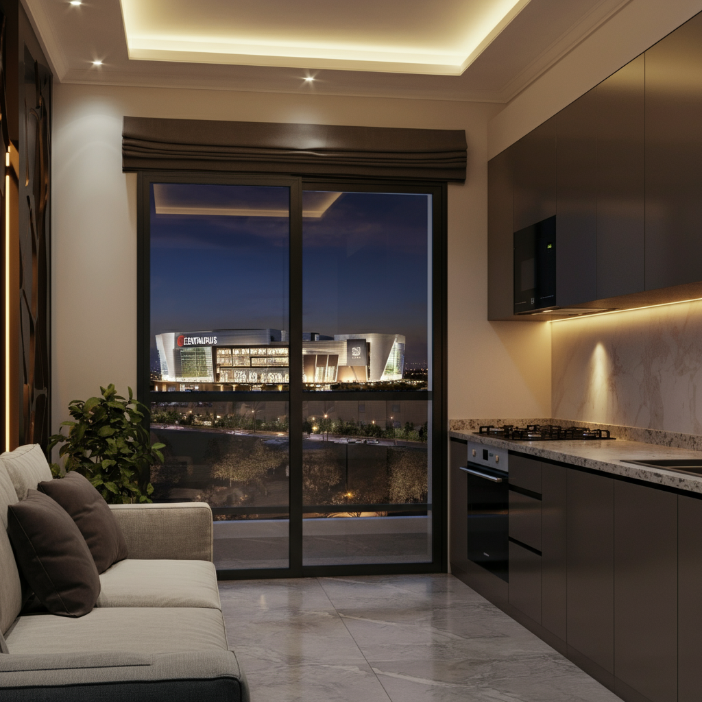 A luxurious 2-bedroom condo in Islamabad with modern interiors, a spacious living room, and a view of the Centaurus Mall, emphasizing comfort and elegance.