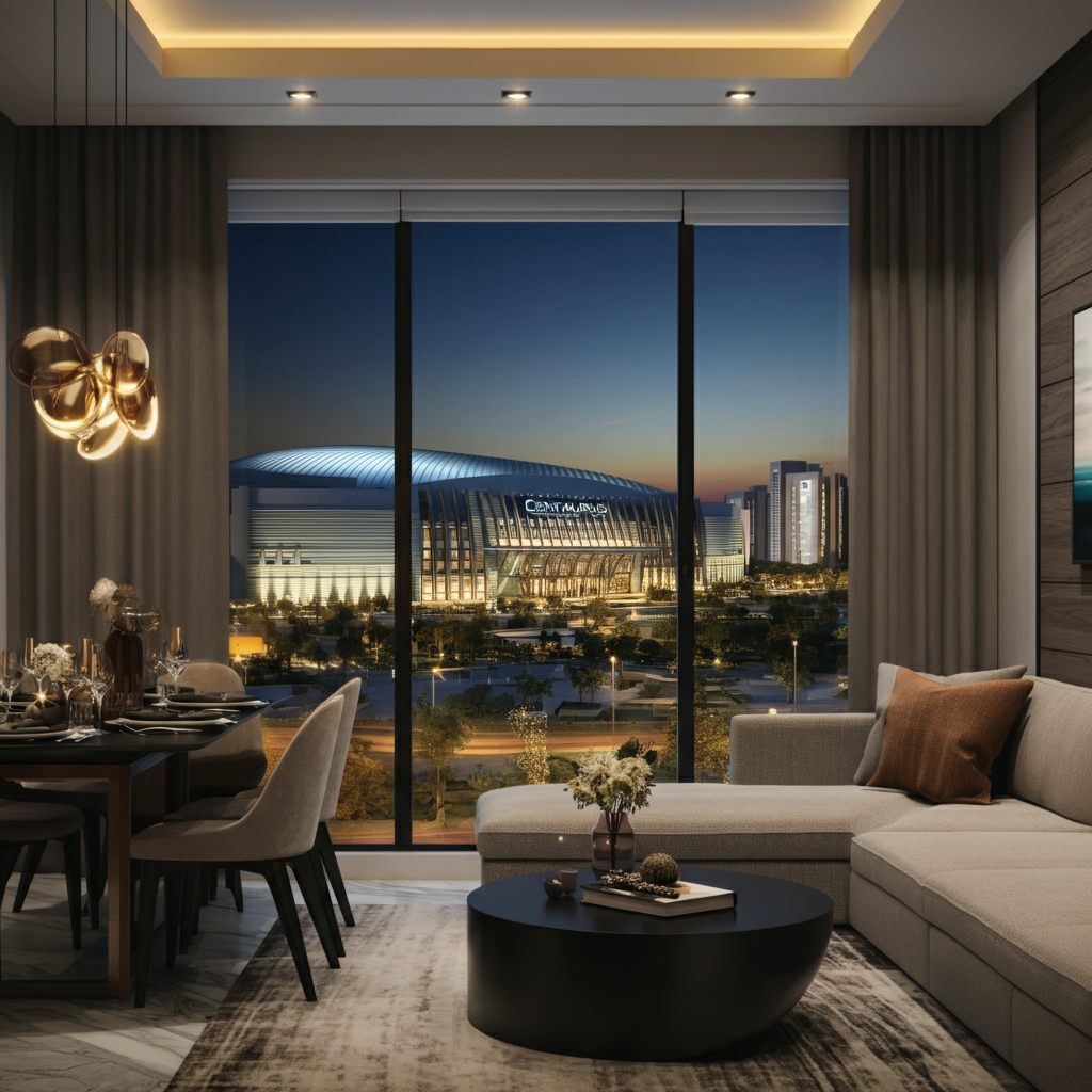 Modern, luxurious Centaurus Elegance Condo interior with city and mall view | EasyStay.