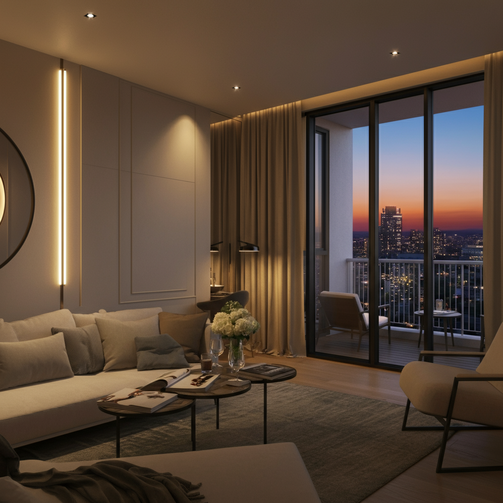 Luxurious apartment in Centaurus Mall, Islamabad, featuring modern interiors, a cozy living area, and a private balcony with city views.