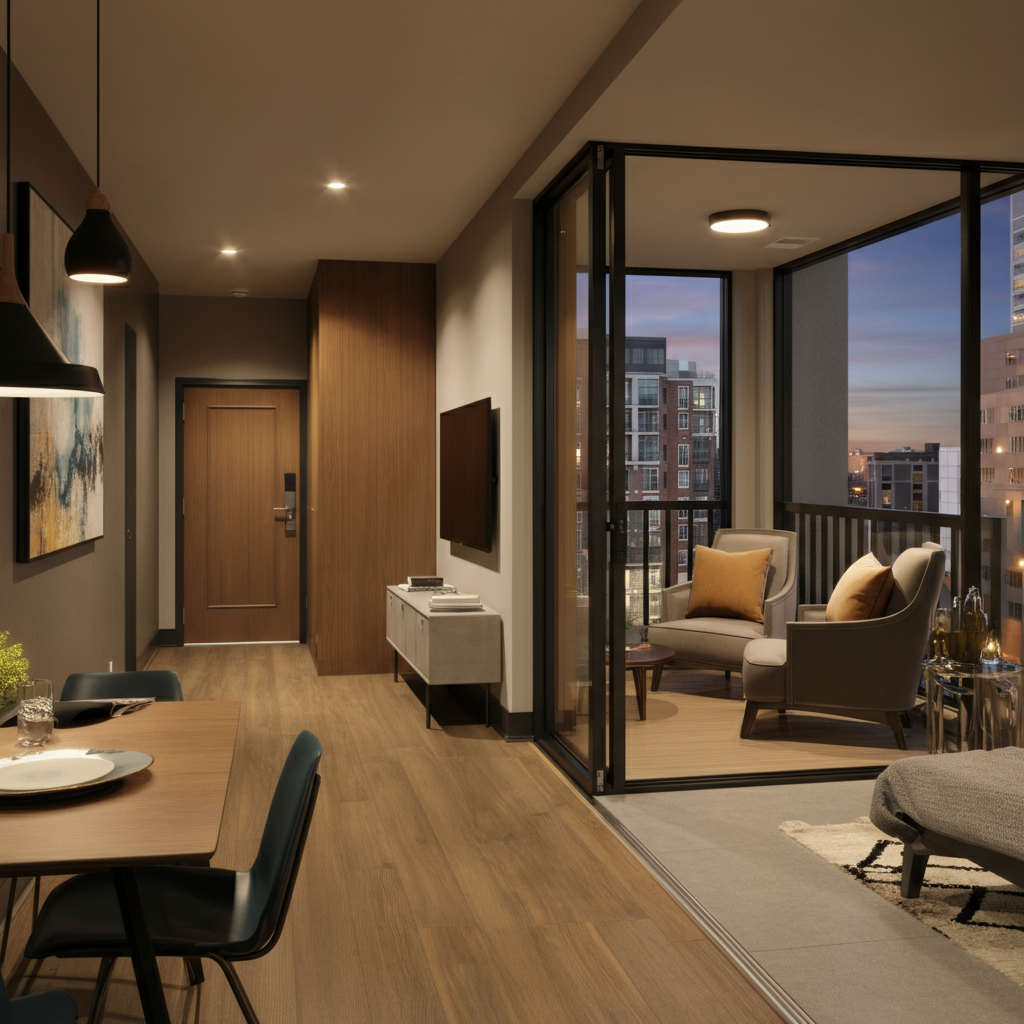 Chic 1-bedroom apartment near Centaurus Mall, Islamabad, featuring stylish interiors, a private balcony with city views, and access to a gym and pool.