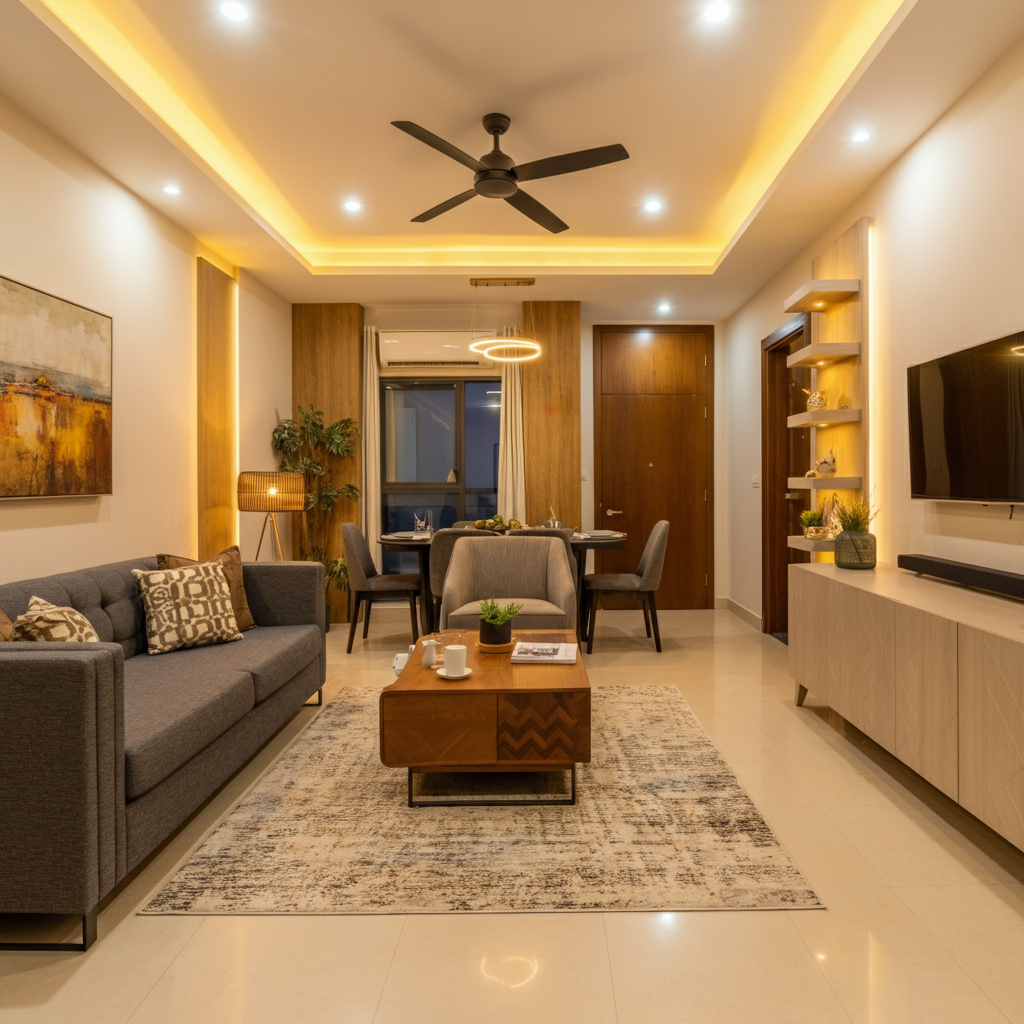 Modern living room in Executive Heights Apartment in F-11 Islamabad with luxurious furnishings and cozy lighting