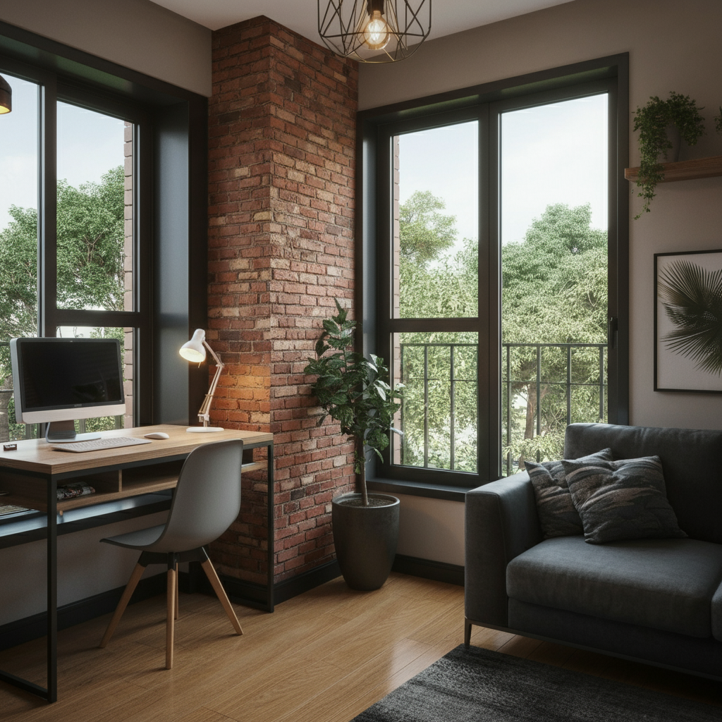 A modern, industrial-style 1-bedroom apartment in Islamabad featuring exposed brick walls, large windows, and minimalist furniture with lush greenery outside.