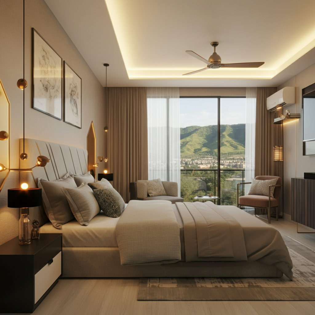 Luxurious LV-themed 1-bedroom apartment in F-10 Islamabad with modern decor, cozy bed, and scenic Margalla Hills view.