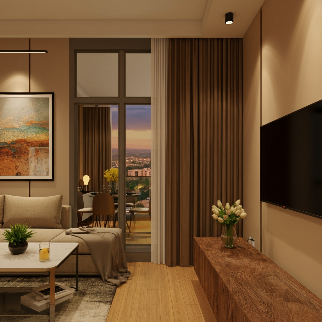 Cozy and modern living room of a 1-bedroom serviced apartment in Islamabad, with a view of the Margalla Hills.