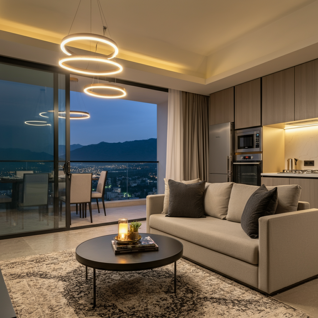 A luxurious serviced apartment in Islamabad with a modern interior, featuring a spacious living room, panoramic Margalla Hills view, and elegant decor.