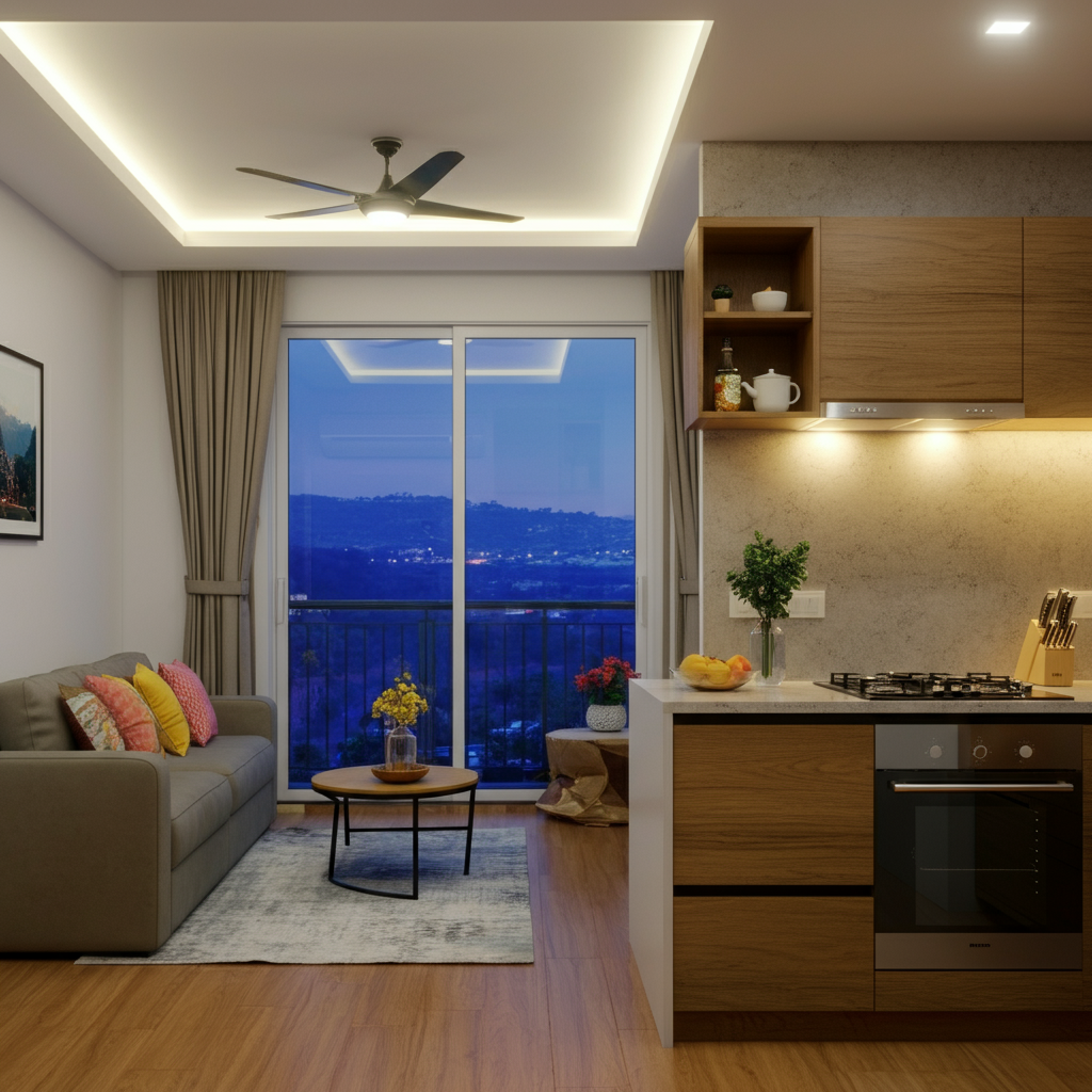 Modern luxury apartment interior with scenic views of Margalla Hills, featuring a cozy living room and elegant decor.