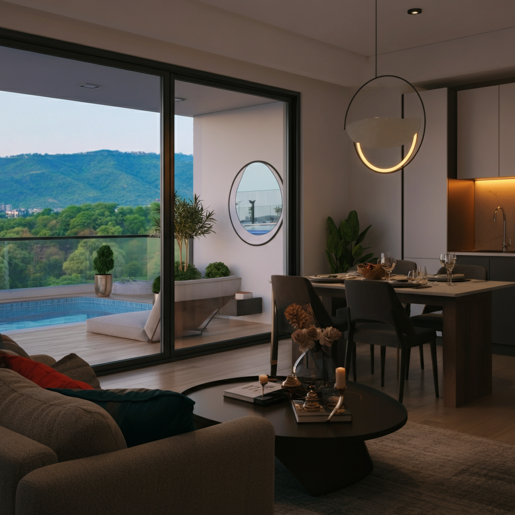 Modern luxury apartment interior with an open-plan living and dining area, sleek kitchen, and balcony featuring a private plunge pool overlooking lush green mountains at dusk.