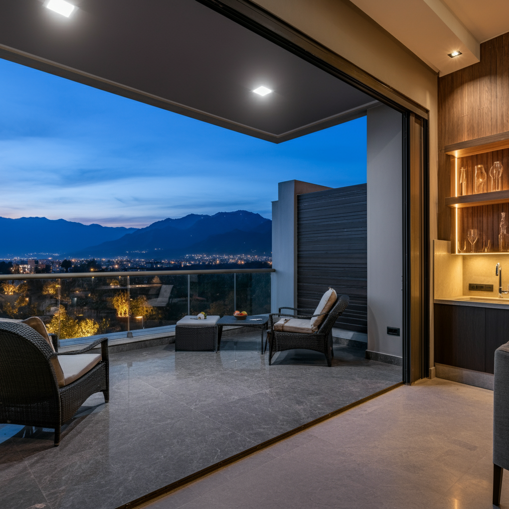 Luxurious apartment in Islamabad featuring stunning mountain views, a private balcony, and modern interiors for ultimate comfort.