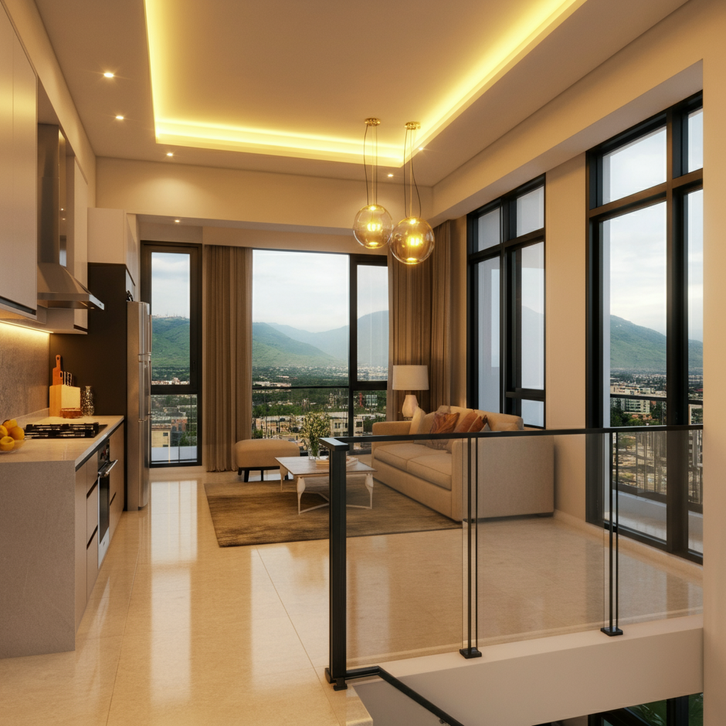 Modern 2-bedroom furnished apartment in downtown Islamabad with stunning Margalla Hills views, offering comfort, elegance, and convenience.