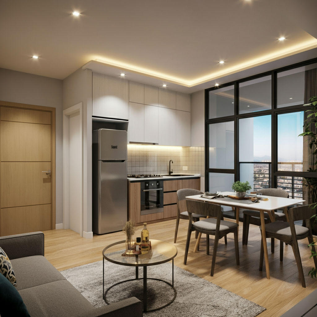 Modern 2-bedroom furnished apartment in Islamabad with a cozy living room, fully equipped kitchen, and balcony offering stunning city views.